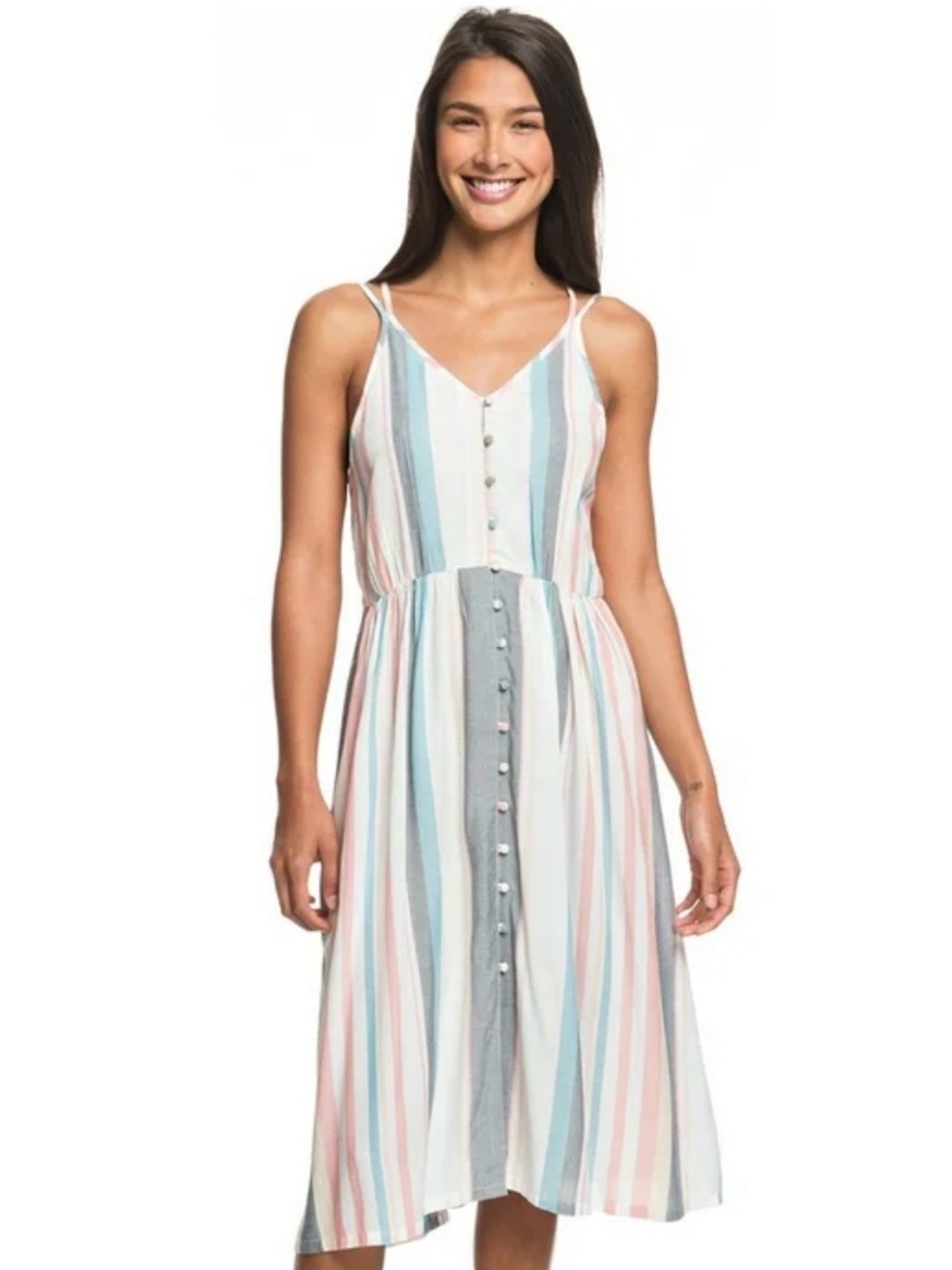 Roxy Pastel Striped Button-Front Halter Midi Dress Size M